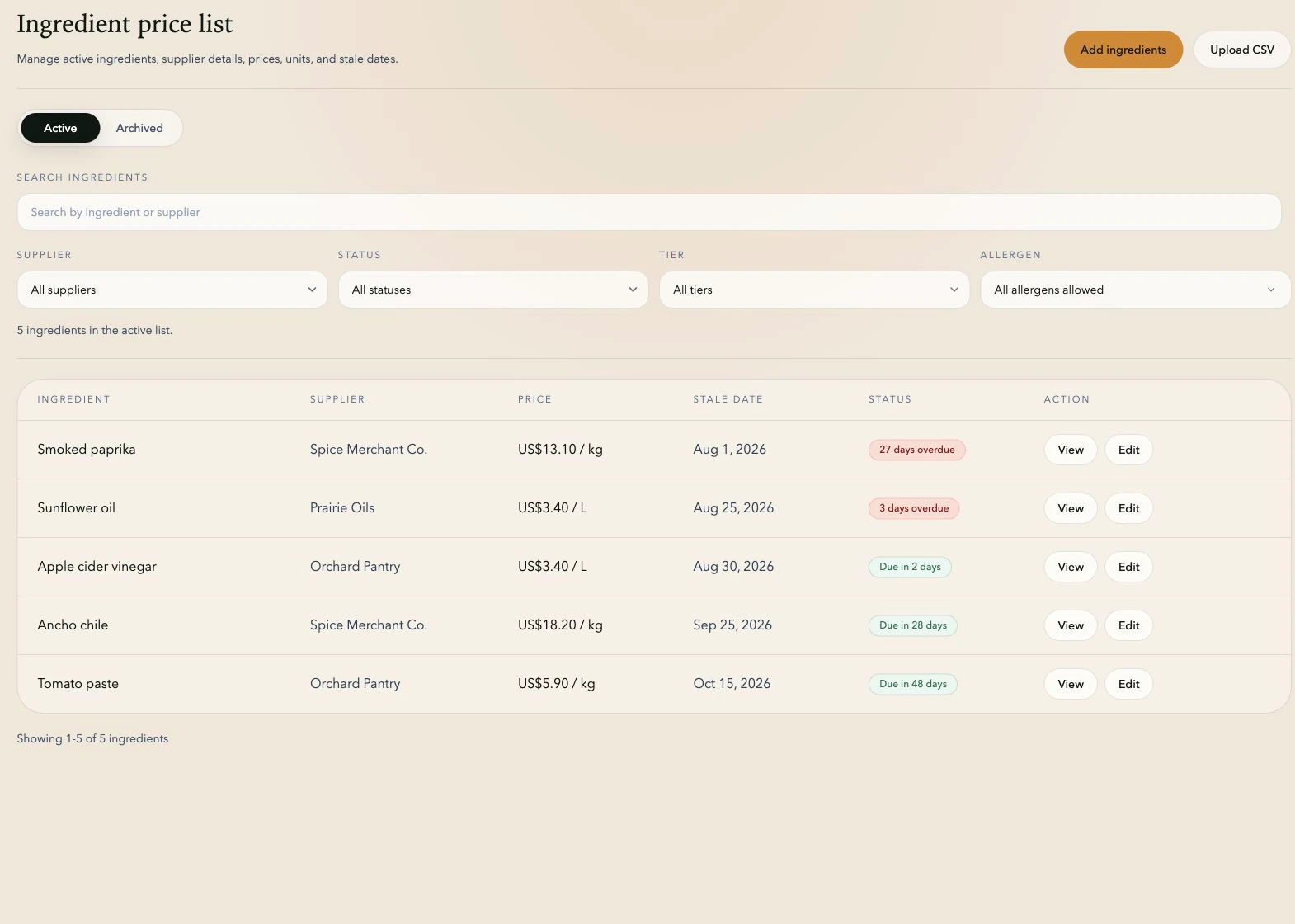 TareWise ingredient list filtered by supplier and freshness state